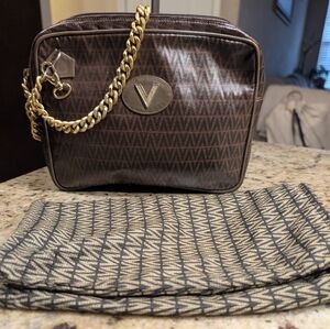 Valentino Gianni Brown Monogram Clutch Large Wristlet with Gold Chain